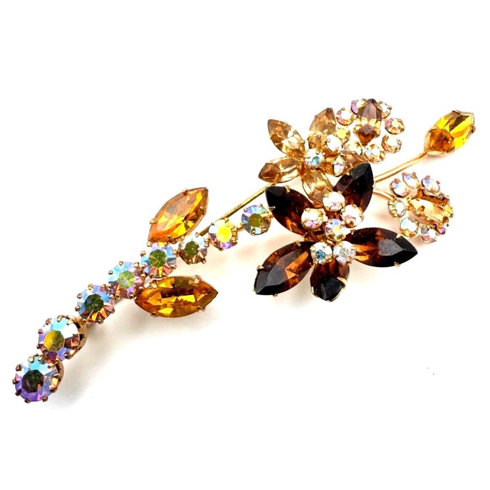 Vtg Signed Austria Crystal Flower Brooch Prong Set Topaz Aurora Borealis Large